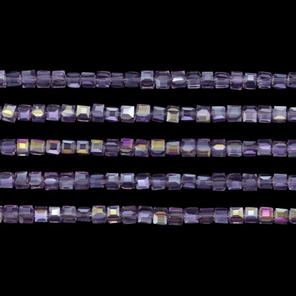 GLASS BEADS - CRYSTALS - CUBE 4x4mm - АВ TRANSPARENT - PURPLE (DARK) 009АВ - PACKAGE (5x98pcs.) Hole-1.2mm