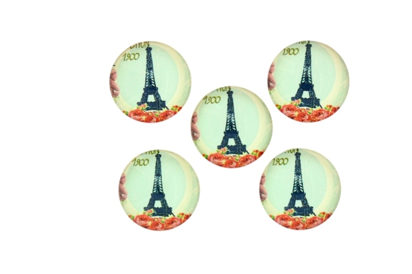 GLASS BEADS - CABOCHONS PATTERN - ROUND 20 MM - LANDMARKS - EIFFEL TOWER AND ROSES 01 - 25 pcs.