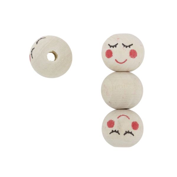 WOODEN BEADS - BALL WITH SMILEY FACE 06 - 20mm NATURAL - 10pcs. Hole-4.5mm