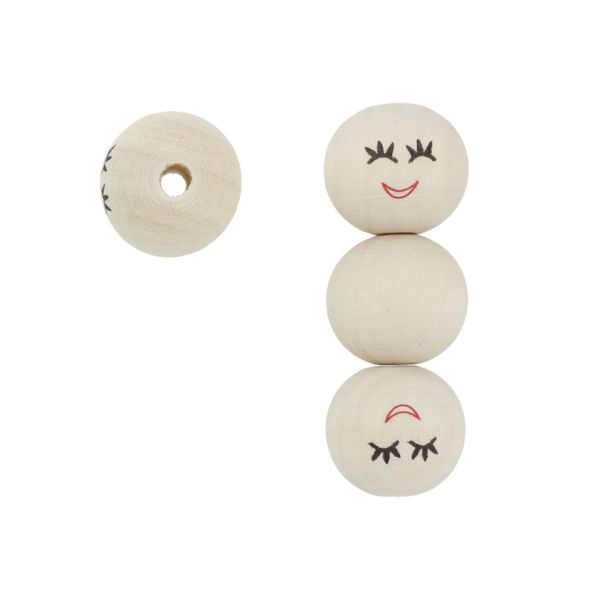 WOODEN BEADS - BALL WITH SMILEY FACE 10 - 20mm NATURAL - 10pcs. Hole-4.5mm