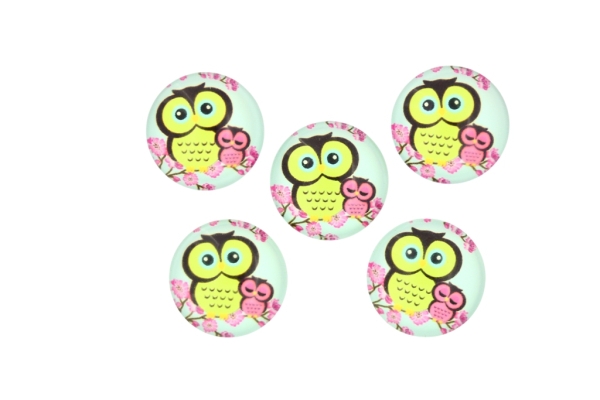 GLASS BEADS - CABOCHONS PATTERN - ROUND 20 MM - BIRD - OWL MOTHER AND CHILD - 25 pcs.