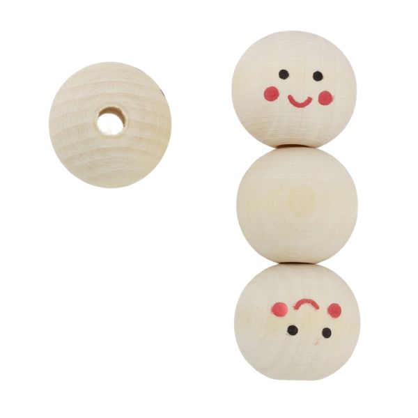 WOODEN BEADS - BALL WITH SMILEY FACE 12 - 24mm NATURAL - PACKAGE 50pcs. Hole-5.5mm