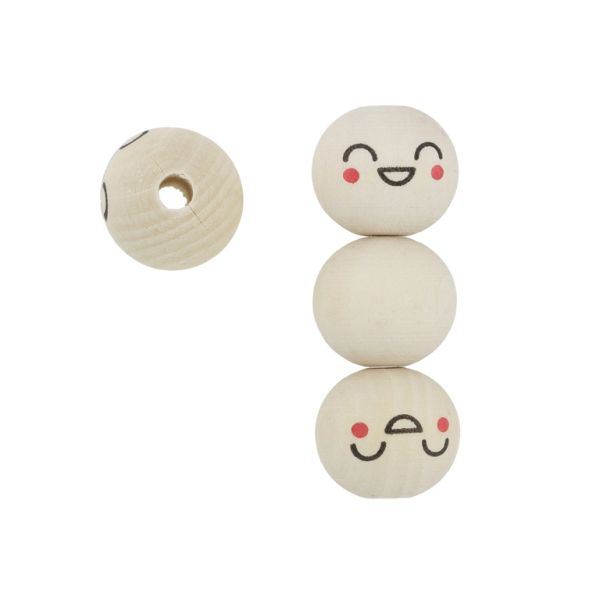 WOODEN BEADS - BALL WITH SMILEY FACE 13 - 20mm NATURAL - PACKAGE 100pcs. Hole-4.2mm