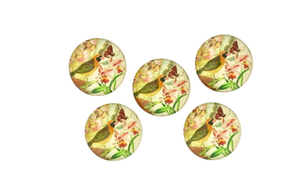 GLASS BEADS - CABOCHONS PATTERN - ROUND 20 MM - BIRD AND FLOWERS - 25 pcs.