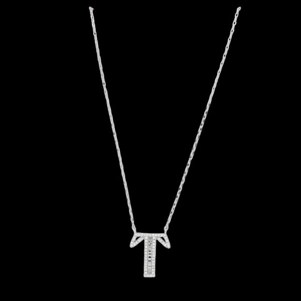JEWELRY - NECKLACE - BRASS AND ZIRCON - LETTER Т К178 - 1.5x1.9cm NICKEL AND WHITE - PACKAGE 6pcs.