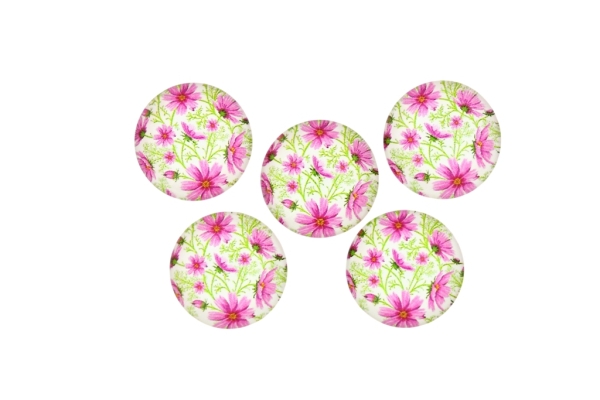 GLASS BEADS - CABOCHONS PATTERN - ROUND 20 MM - FLOWERS - PINK 01 - 25 pcs.