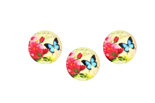 GLASS BEADS - CABOCHONS PATTERN - ROUND 22 MM - FLOWERS - ROSE AND BUTTERFLY - 25 pcs.