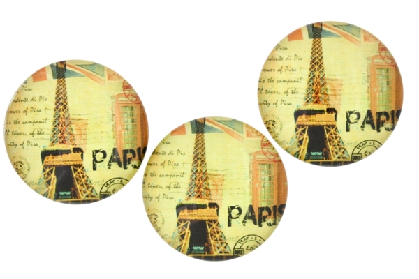 GLASS BEADS - CABOCHONS PATTERN - ROUND 35 MM - LANDMARKS - EIFFEL TOWER AND STAMP 02 - 10 pcs.