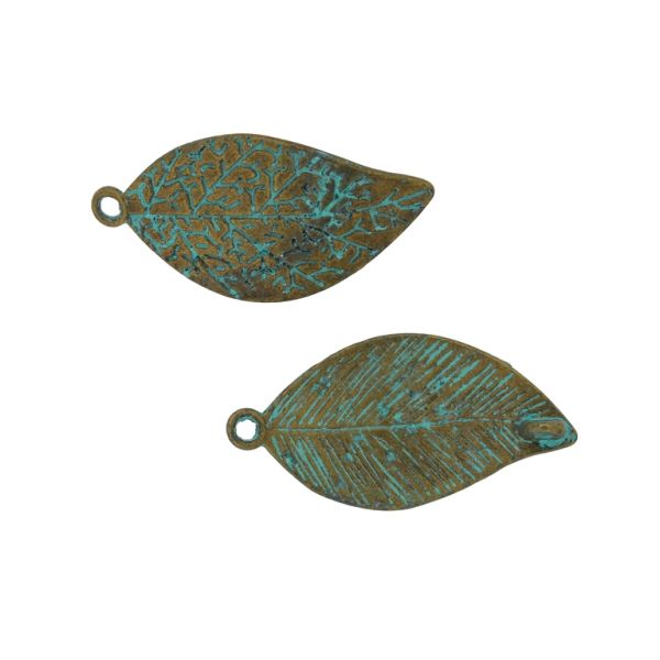METAL BEADS WITH PATINA - CONNECTING ELEMENT - 2 RINGS - LEAF 12 - 30x16x1mm ANTIQUE BRONZE AND TURQUOISE - PACKAGE 50pcs. Hole-1.5mm
