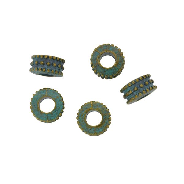 METAL BEADS WITH PATINA - CIRCLE 39 - 6x10mm ANTIQUE BRONZE AND TURQUOISE - PACKAGE 50pcs. Hole-5.0mm