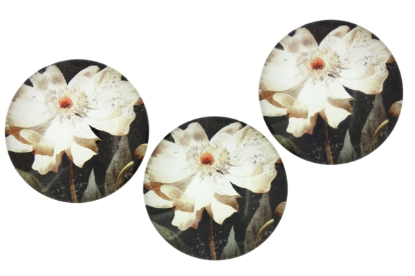 GLASS BEADS - CABOCHONS PATTERN - ROUND 35 MM - FLOWERS - WHITE - 10 pcs.