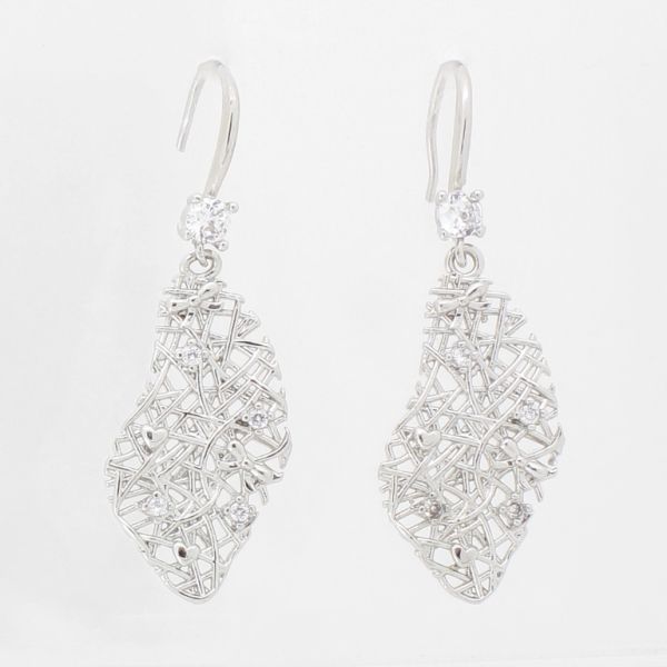 JEWELRY - EARRINGS - HOOK - ZIRCON - LEAF Е1016 - 1.3x4.2cm NICKEL AND WHITE - PACKAGE 6 pairs 