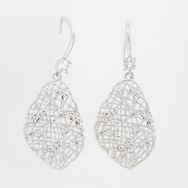 JEWELRY - EARRINGS - HOOK - ZIRCON - LEAF Е1017 - 1.7x4.2cm NICKEL AND WHITE - 1 pair 