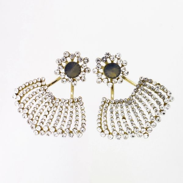 JEWELRY - EARRINGS - SCREW - CRYSTALS - FAN Е1140 - 4.2x4.8cm GOLD-WHITE-GRAY - 1 pair 