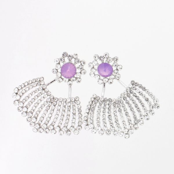 JEWELRY - EARRINGS - SCREW - CRYSTALS - FAN Е1140 - 4.2x4.8cm NICKEL-WHITE-PURPLE - PACKAGE 6 pairs 