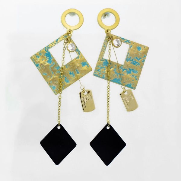 JEWELRY - EARRINGS - SCREW - ZIRCON - RHOMBOIDS Е931 - 3.5x8.8cm GOLD-BLACK-TURQUOISE - PACKAGE 6 pairs 