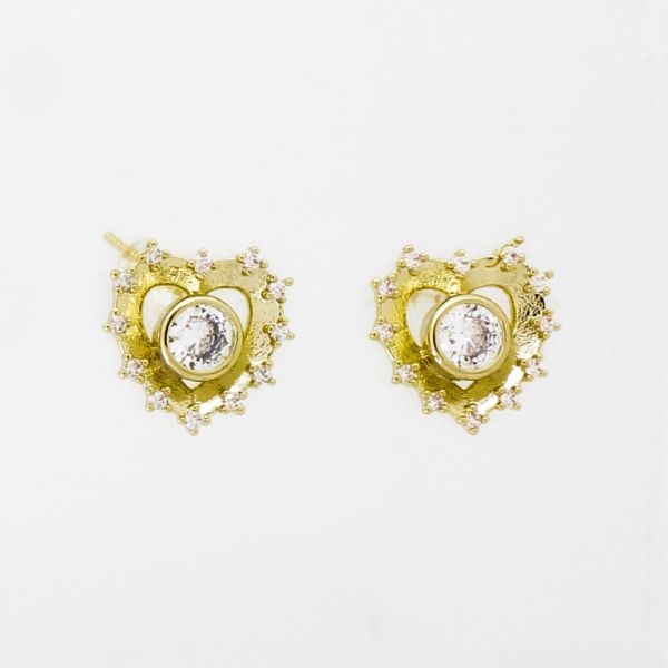 JEWELRY - EARRINGS - SCREW - ZIRCON - HEART Е939 - 1.4x1.4cm GOLD-WHITE - PACKAGE 6 pairs 