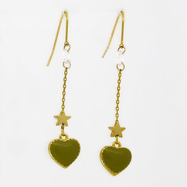 JEWELRY - EARRINGS - HOOK - ZIRCON - HEART Е942 - 1.1x5.5cm GOLD-WHITE-GREEN MILITARY - PACKAGE 6 pairs 
