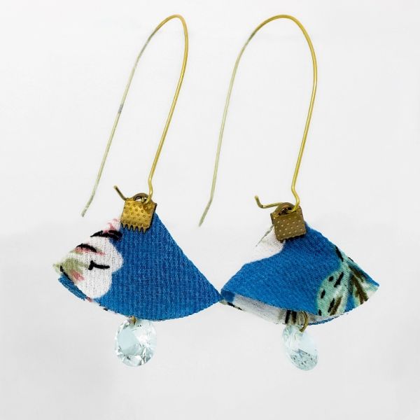 JEWELRY - EARRINGS - HOOK - ZIRCON - FLOWER Е944 - 3.1x7.7cm GOLD-WHITE-BLUE - 1 pair 