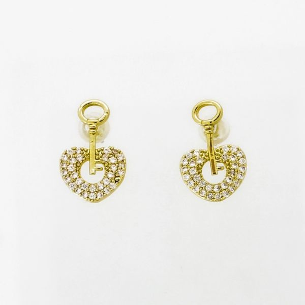 JEWELRY - EARRINGS - SCREW - ZIRCON - HEART KEY Е955 - 1.0x1.6cm GOLD-WHITE - PACKAGE 6 pairs 