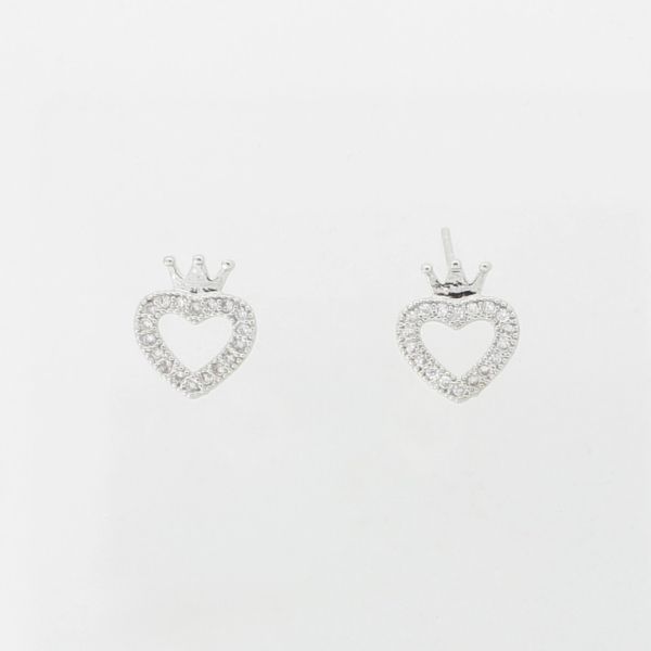 JEWELRY - EARRINGS - SCREW - ZIRCON - HEART WITH CROWN Е308 - 0.9x1.0cm NICKEL AND WHITE - 1 pair 