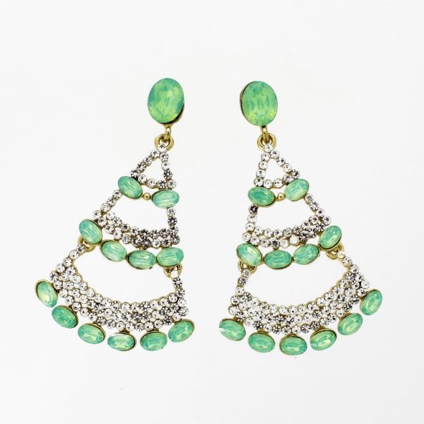 JEWELRY - EARRINGS - SCREW - CRYSTALS - FAN Е1137 - 3.6x5.9cm GOLD-WHITE-GREEN - PACKAGE 6 pairs 