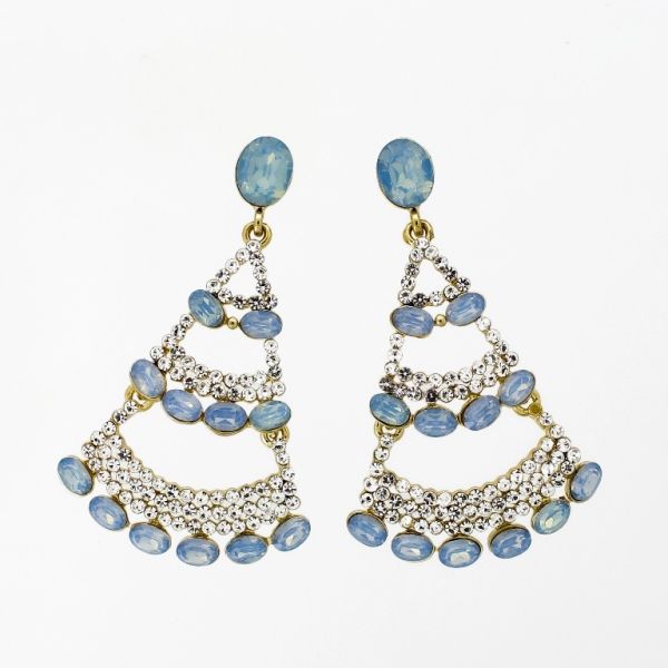 JEWELRY - EARRINGS - SCREW - CRYSTALS - FAN Е1137 - 3.6x5.9cm GOLD-WHITE-BLUE (LIGHT) - PACKAGE 6 pairs 