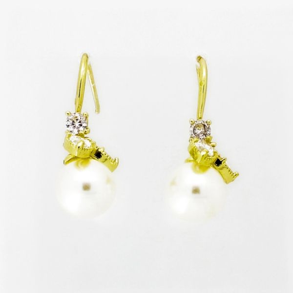 JEWELRY - EARRINGS - HOOK - ZIRCON - FLOWER Е985 - 1.1x2.8cm GOLD AND WHITE - PACKAGE 6 pairs 
