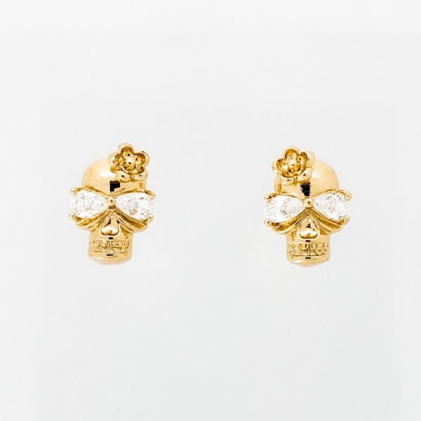 JEWELRY - EARRINGS - SCREW - ZIRCON - SKULL Е990 - 1.1x1.4cm ROSE GOLD AND WHITE - PACKAGE 6 pairs 