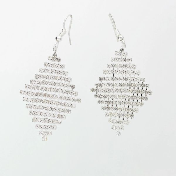 JEWELRY - EARRINGS - HOOK - CRYSTALS - RHOMBOIDS Е1109 - 3.0x6.6cm NICKEL AND WHITE - PACKAGE 6 pairs 
