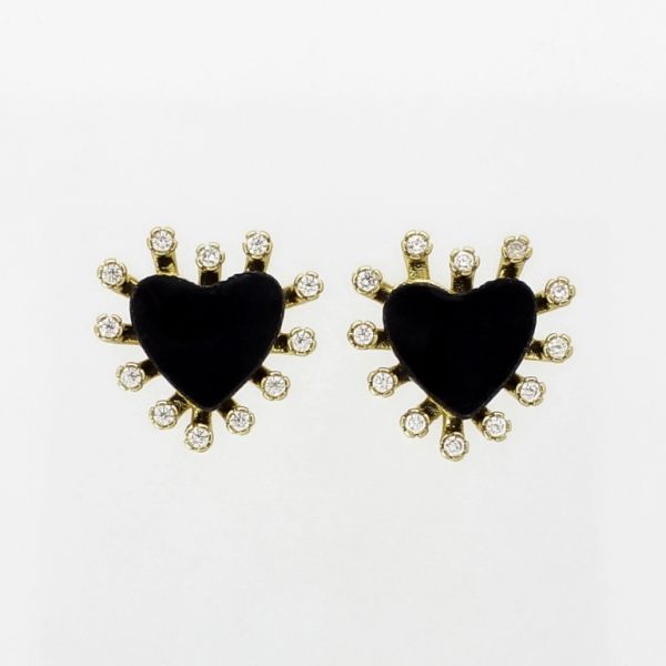 JEWELRY - EARRINGS - SCREW - ZIRCON - HEART Е298 - 1.6x1.6cm GOLD AND BLACK - 1 pair 
