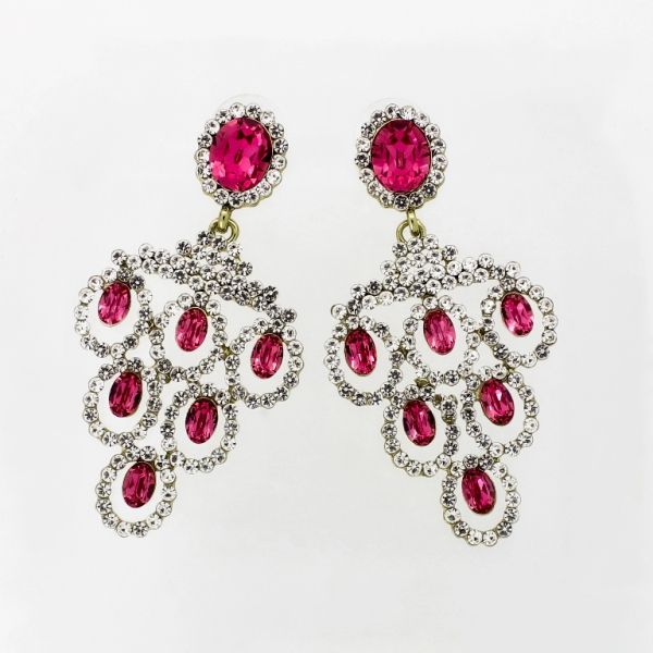 JEWELRY - EARRINGS - SCREW - CRYSTALS - GRAPE Е1095 - 3.0x5.8cm GOLD-WHITE-PINK (DARK) - PACKAGE 6 pairs 