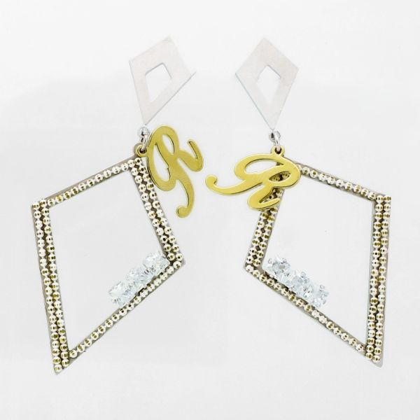 JEWELRY - EARRINGS - SCREW - ZIRCON - RHOMBS Е1003 - 3.3x7.3cm NICKEL-GOLD-WHITE - PACKAGE 6 pairs 