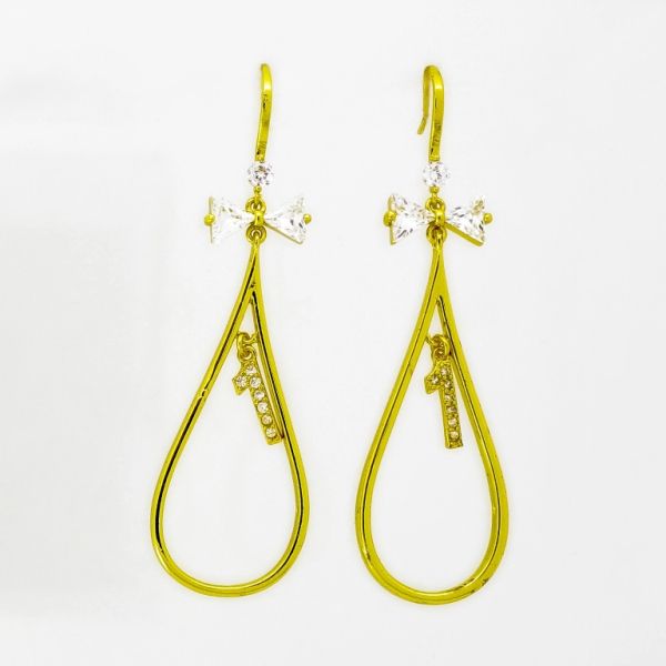 JEWELRY - EARRINGS - HOOK - ZIRCON - RIBBON DROP Е1020 - 1.7x6.1cm GOLD AND WHITE - 1 pair 