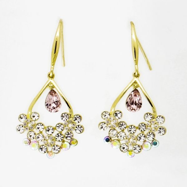 JEWELRY - EARRINGS - HOOK - ZIRCON - FLOWERS Е1021 - 1.7x3.5cm GOLD-WHITE-ROSE DUST - 1 pair 