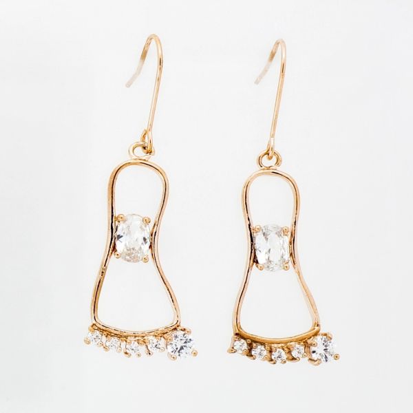 JEWELRY - EARRINGS - HOOK - ZIRCON - STEP Е1022 - 1.6x4.6cm ROSE GOLD - WHITE - PACKAGE 6 pairs 