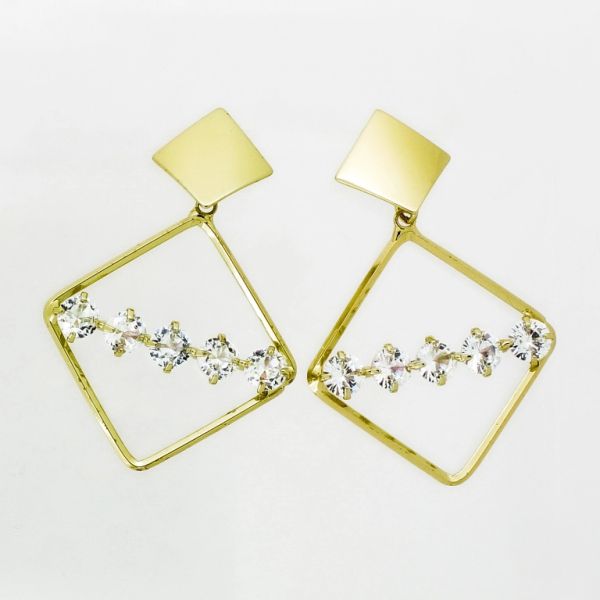 JEWELRY - EARRINGS - SCREW - ZIRCON - RHOMBS Е1026 - 2.8x4.4cm GOLD AND WHITE - PACKAGE 6 pairs 