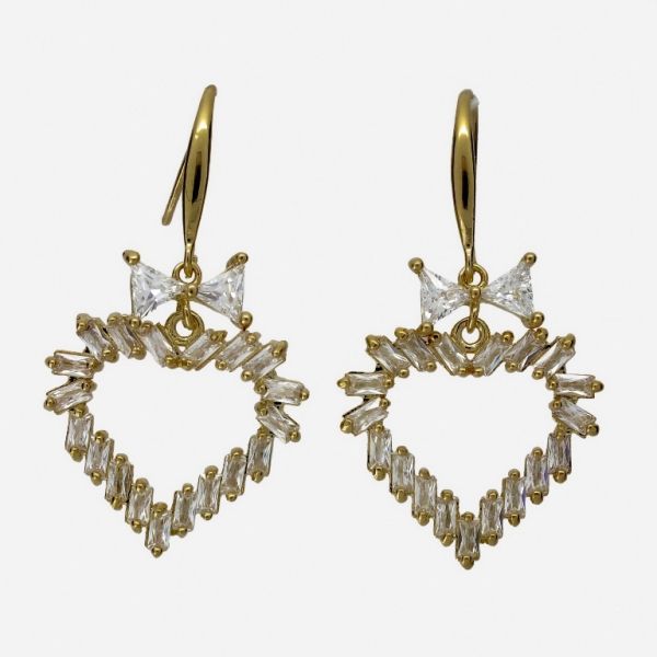JEWELRY - EARRINGS - HOOK - ZIRCON - HEART RIBBON Е1081 - 2.0x3.6cm GOLD AND WHITE - 1 pair 
