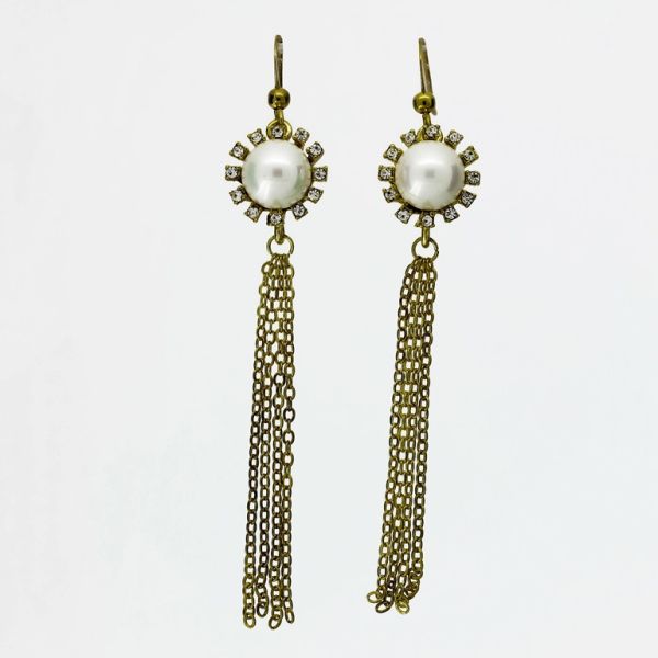 JEWELRY - EARRINGS - HOOK - ZIRCON - FLOWER PEARL Е1078 - 1.3x7.9cm GOLD AND WHITE - PACKAGE 6 pairs 