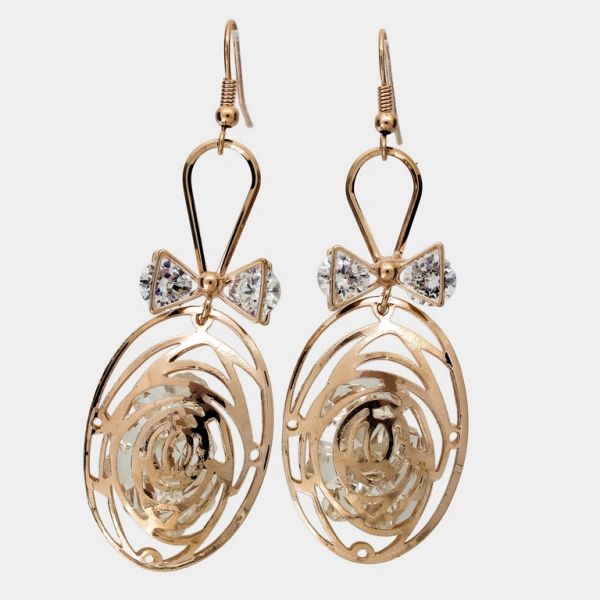 JEWELRY - EARRINGS - HOOK - ZIRCON - RIBBON ROSE Е1051 - 2.3x6.7cm ROSE GOLD AND WHITE - PACKAGE 6 pairs 
