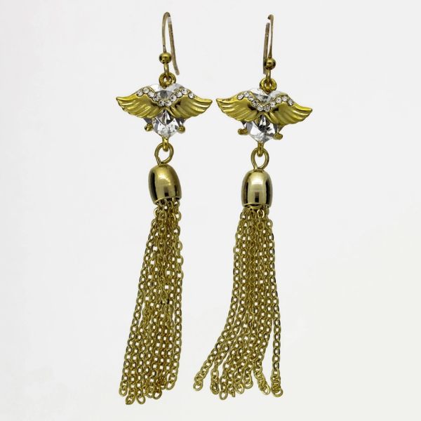 JEWELRY - EARRINGS - HOOK - ZIRCON - HEART WINGS Е1045 - 1.8x7.3cm GOLD AND WHITE - PACKAGE 6 pairs 
