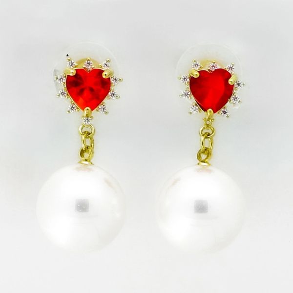 JEWELRY - EARRINGS - SCREW - ZIRCON - HEART Е1034 - 1.4x3.1cm GOLD-RED-WHITE - PACKAGE 6 pairs 