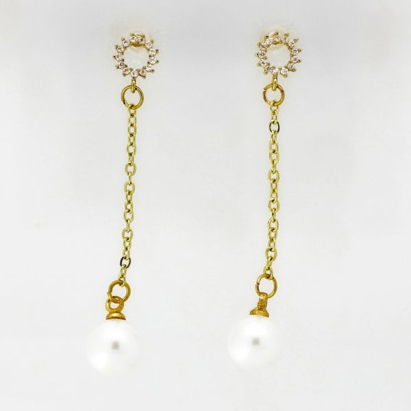 JEWELRY - EARRINGS - SCREW - ZIRCON - SUN PEARL Е1043 - 0.8x4.9cm GOLD AND WHITE - 1 pair 