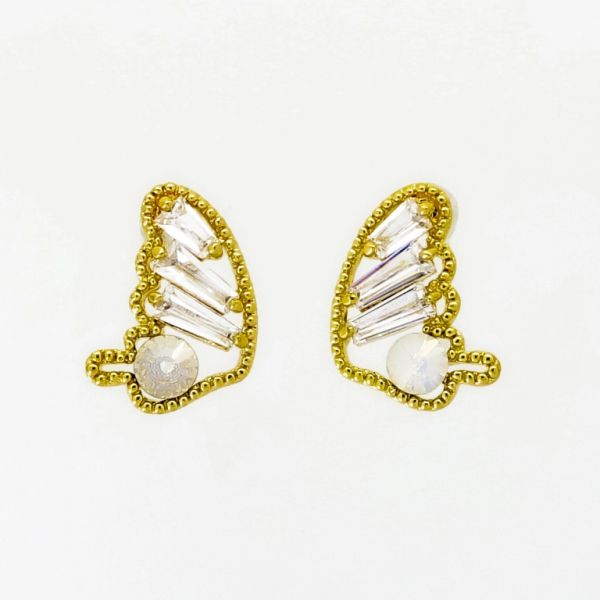 JEWELRY - EARRINGS - SCREW - ZIRCON - BUTTERFLY Е1057 - 1.2x1.8cm GOLD AND WHITE - PACKAGE 6 pairs 