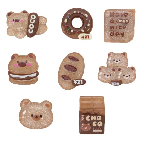 PLASTIC BEADS - RESIN 3D - FOR GLUING - BEAR AND FOODS MIX MODELS 01 TRANSPARENT WITH GLITTER - MIX BROWN - PACKAGE 30pcs.