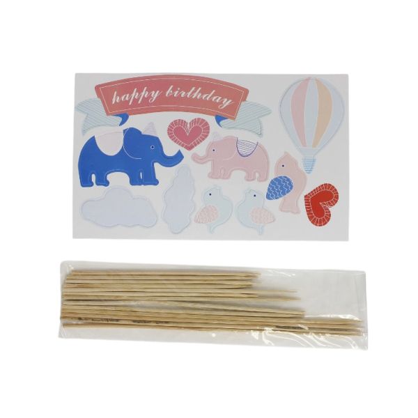 MATERIALS FOR CRAFT AND DECORATION - TOPPER FROM CARTON - HAPPY BIRTHDAY 08 BALLOON AND ELEPHANT - BLUE (LIGHT) AND PINK (LIGHT) - 11pcs.
