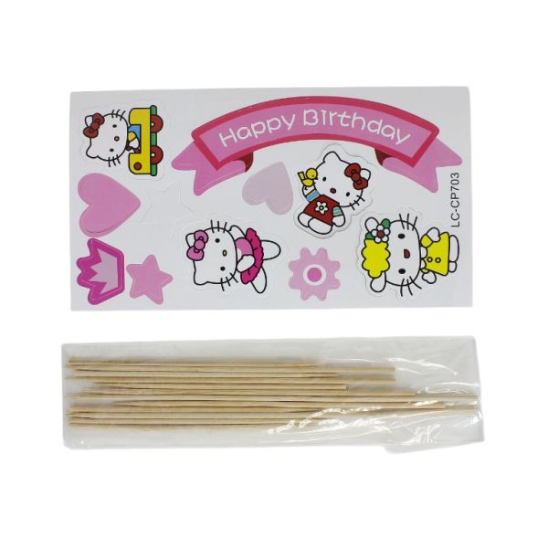 MATERIALS FOR CRAFT AND DECORATION - TOPPER FROM CARTON - HAPPY BIRTHDAY 11 KITTY AND MIX - PINK (DARK) AND WHITE - PACKAGE (6x11pcs.)