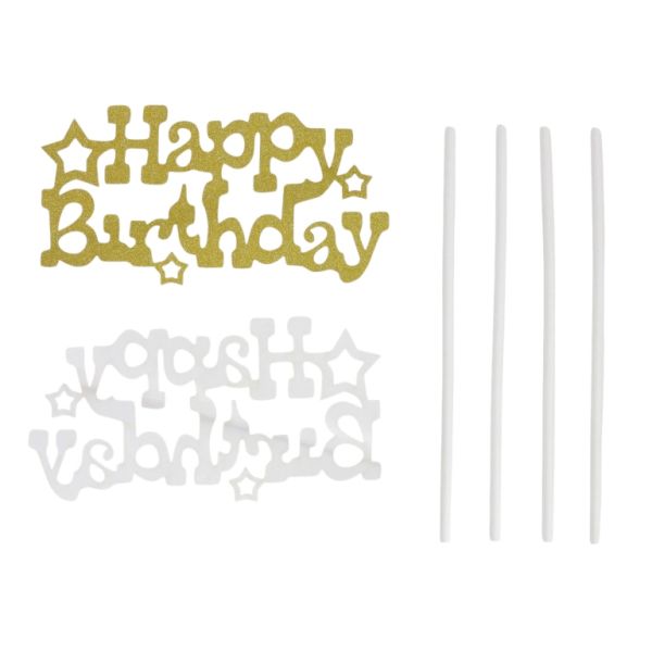 MATERIALS FOR CRAFT AND DECORATION - TOPPER FROM CARTON - HAPPY BIRTHDAY 34 GLITTER - 12.5x7cm - GOLD - PACKAGE 6pcs.