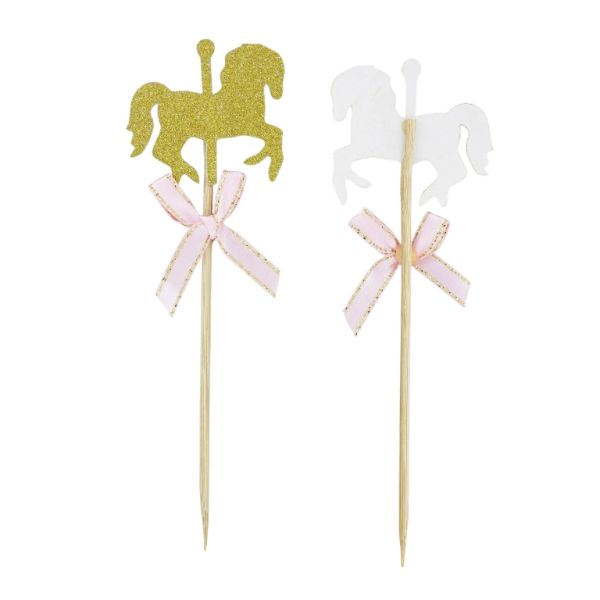 MATERIALS FOR CRAFT AND DECORATION - TOPPER FROM CARTON - HORSE 01 GLITTER - 4.3x14cm - GOLD AND PINK - PACKAGE (5x5pcs.)