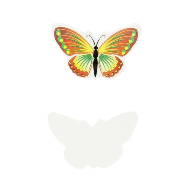 MATERIALS FOR CRAFT AND DECORATION - TOPPER FROM CARTON - BUTTERFLY 04 - 3.8x2.2cm ORANGE-GREEN-YELLOW - 10pcs.